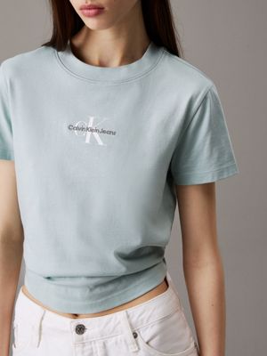 cloud blue cropped monogram t-shirt for women calvin klein jeans