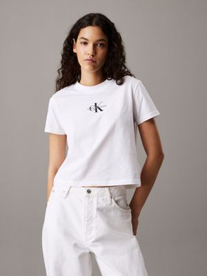 white cropped monogram t-shirt for women calvin klein jeans