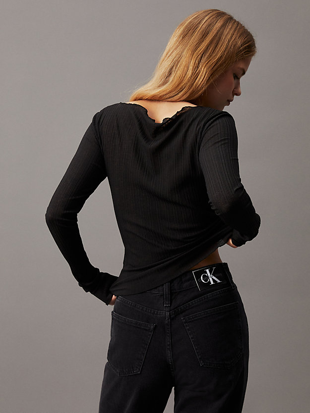 ck black sheer ribbed long sleeve t- shirt for women calvin klein jeans