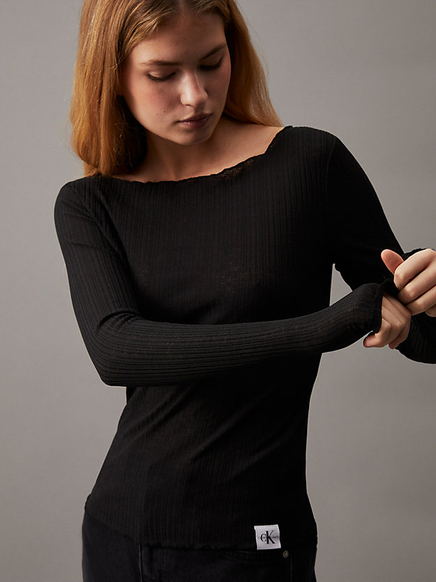 t-shirt transparent et côtelé à manches longues ck black pour femmes calvin klein jeans