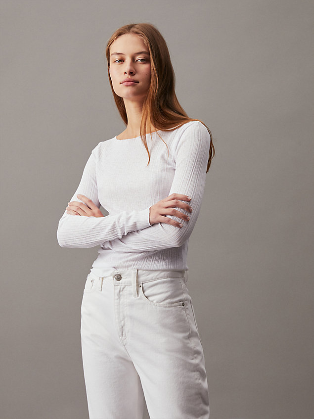 white prześwitujący t-shirt z długim rękawem z materiału ściągaczowego dla kobiety - calvin klein jeans