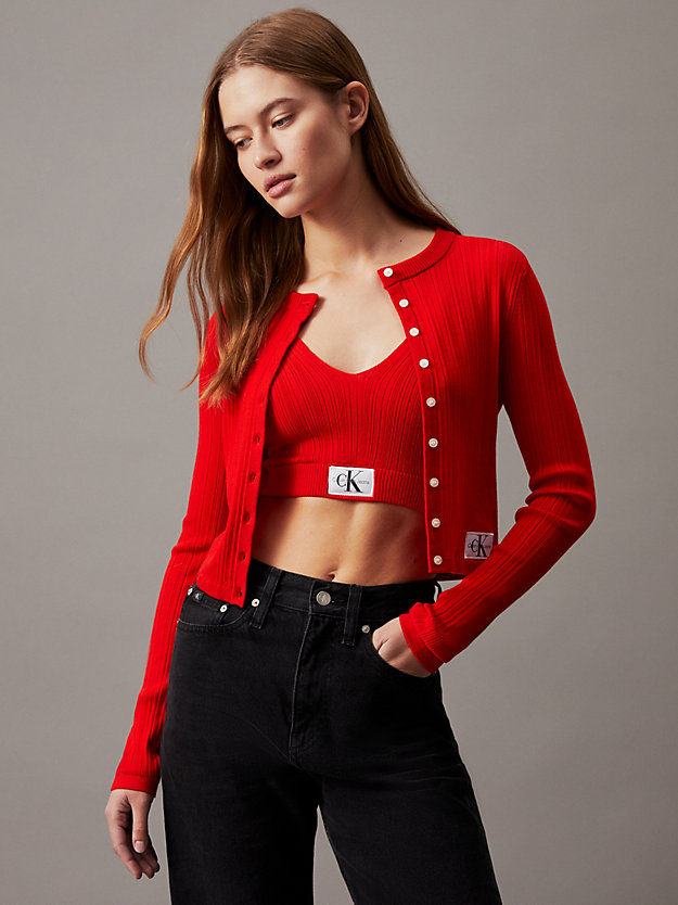 fiery red cardigan aus weichem geripptem lyocell für damen - calvin klein jeans