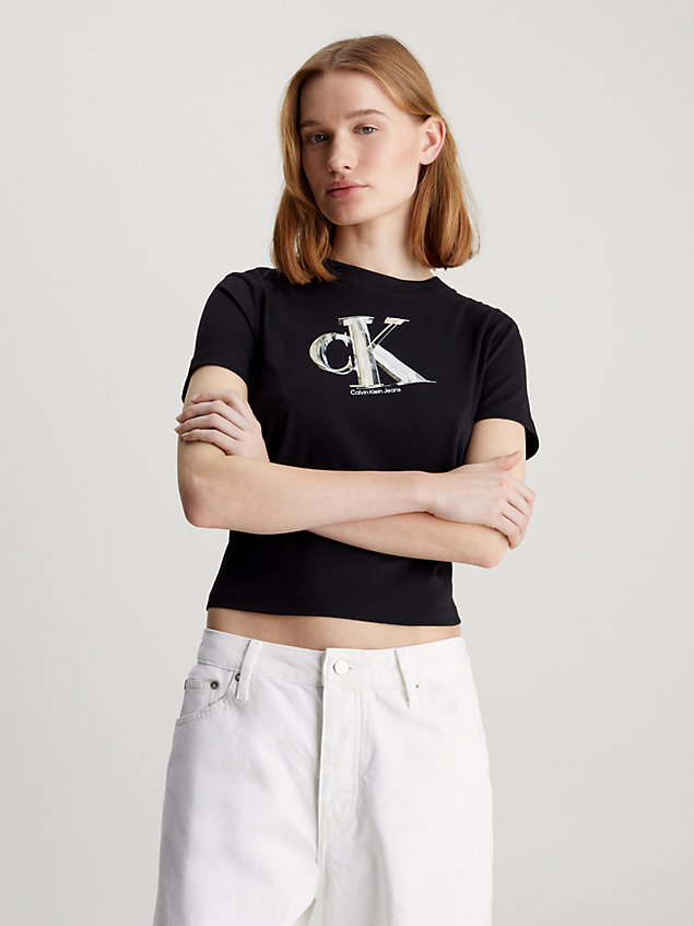 camiseta cropped con monograma black de mujeres calvin klein jeans