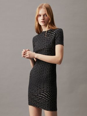 warp logo aop black slim ribbed all-over logo dress for women calvin klein jeans