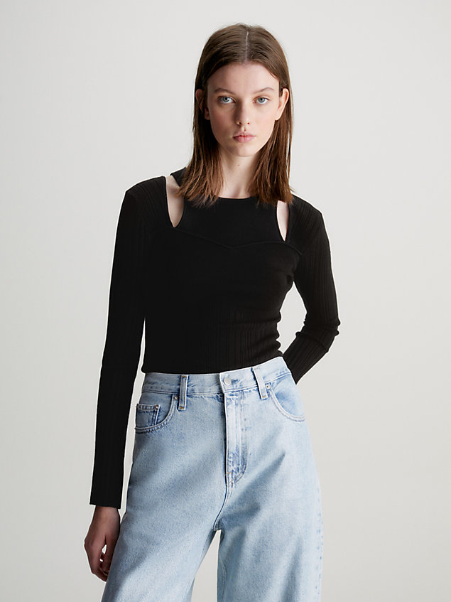 black gerippter pullover mit cut-outs für damen - calvin klein jeans
