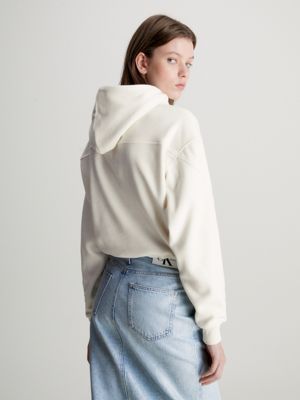sudadera con capucha de felpa polar cropped white de mujeres calvin klein jeans
