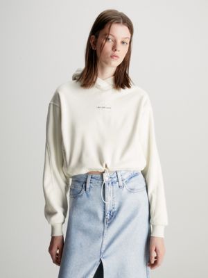 sudadera con capucha de felpa polar cropped white de mujeres calvin klein jeans