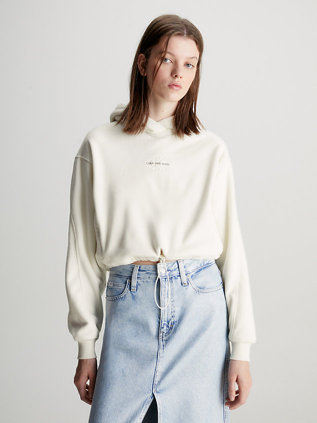 sudadera con capucha de felpa polar cropped white de mujer calvin klein jeans