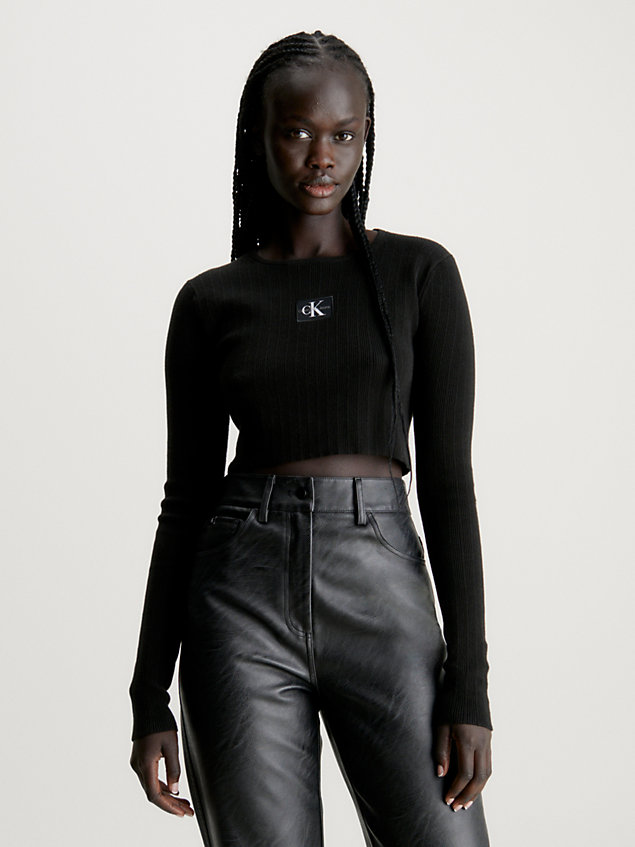 maglione a costine in cotone slim black da donna calvin klein jeans