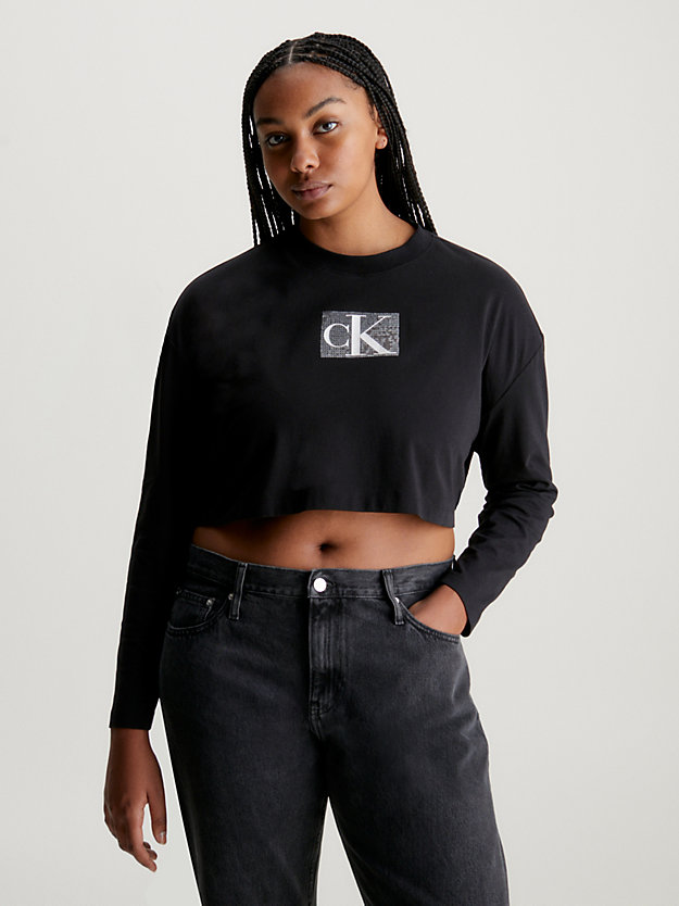 camiseta cropped de manga larga con logo ck black de mujer calvin klein jeans