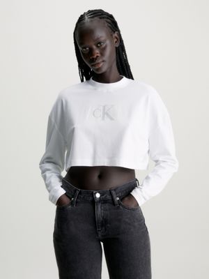 Women's White Crop Top Long Sleeve Crew Neck