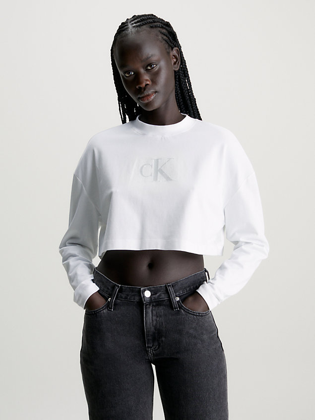 white cropped long sleeve logo t-shirt for women calvin klein jeans