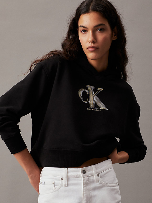 black cropped monogram hoodie for women calvin klein jeans