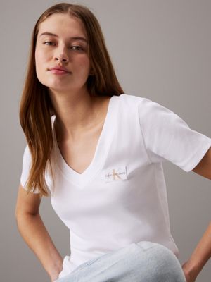 white ribbed cotton v-neck t-shirt for women calvin klein jeans