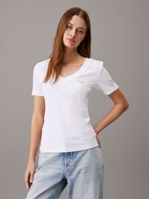 white ribbed cotton v-neck t-shirt for women calvin klein jeans