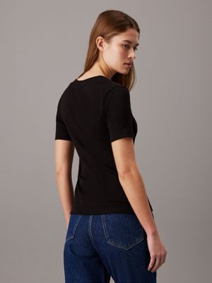 ck black ribbed cotton v-neck t-shirt for women calvin klein jeans