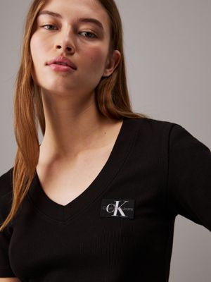 ck black ribbed cotton v-neck t-shirt for women calvin klein jeans