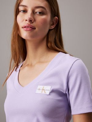 pastel lilac ribbed cotton v-neck t-shirt for women calvin klein jeans