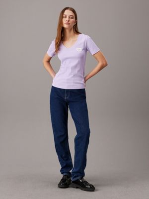 pastel lilac ribbed cotton v-neck t-shirt for women calvin klein jeans