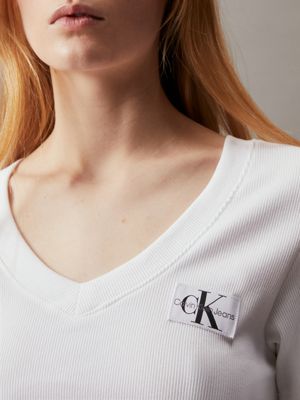 white ribbed cotton v-neck t-shirt for women calvin klein jeans