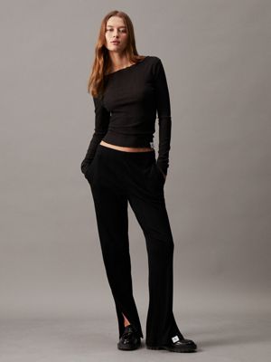 Black Ribbed Jersey Crop Wide Leg Trousers