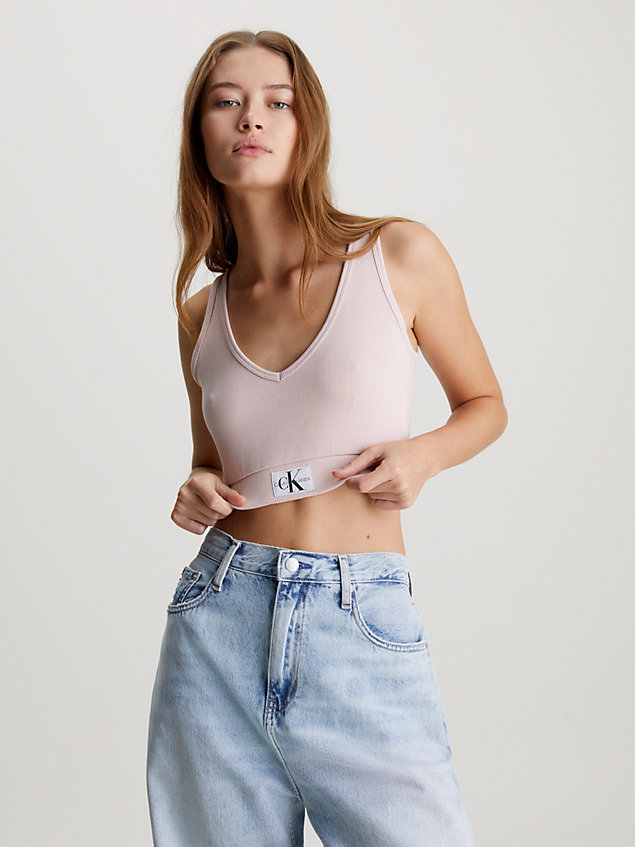cropped top slim de canalé de algodón pink de mujeres calvin klein jeans