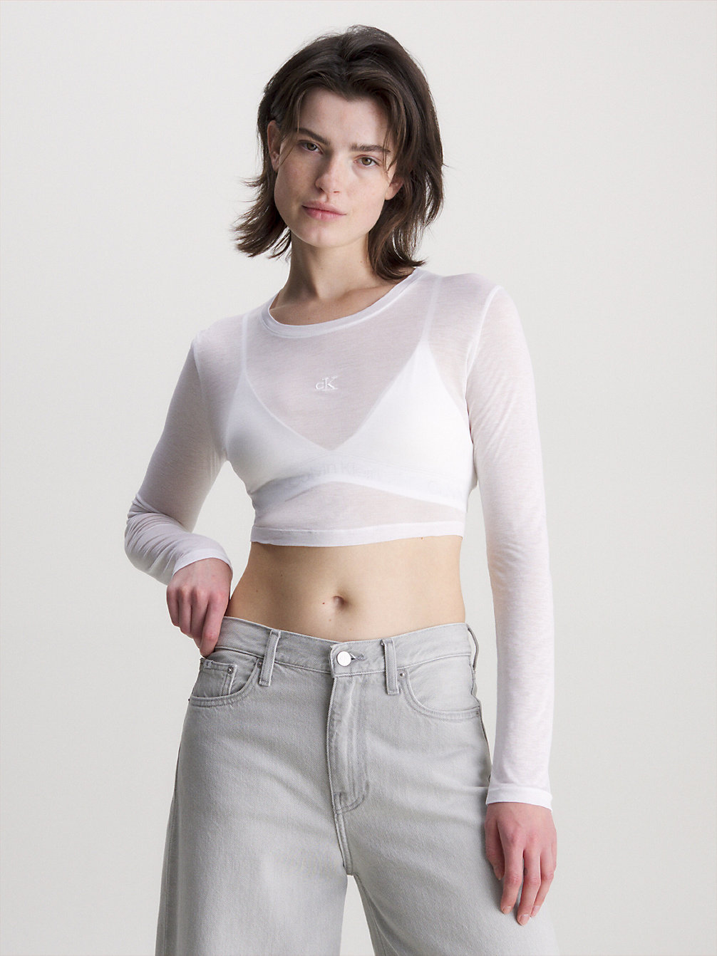 BRIGHT WHITE Sheer Cropped Long Sleeve Top undefined women Calvin Klein