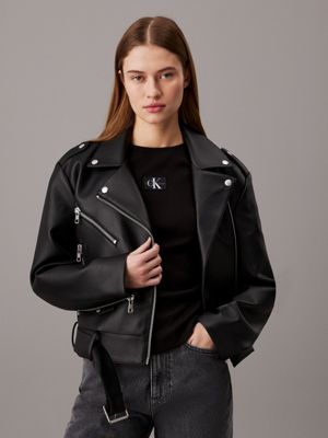 black faux leather biker jacket for women calvin klein jeans