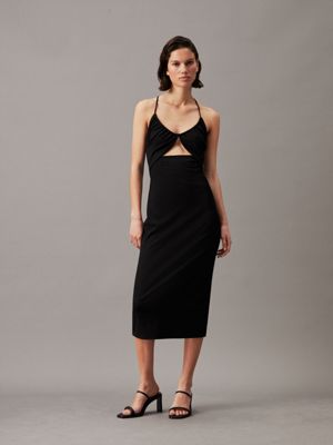 ck black tie detail cut out midi dress for women calvin klein jeans