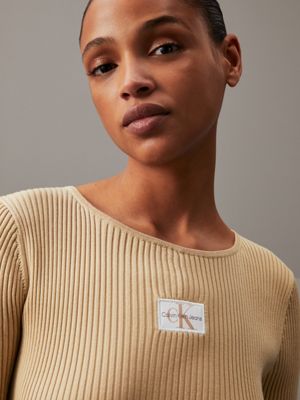 pale khaki sukienka z miękkiej ściągaczowej włókniny dla kobiety - calvin klein jeans