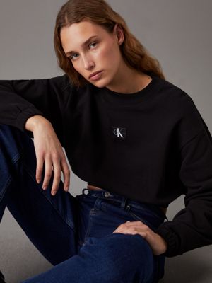 ck black cropped cotton terry sweatshirt for women calvin klein jeans