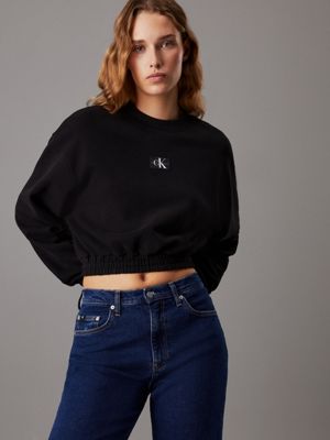 black cropped cotton terry sweatshirt for women calvin klein jeans