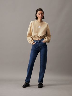 pale khaki cropped cotton terry sweatshirt for women calvin klein jeans