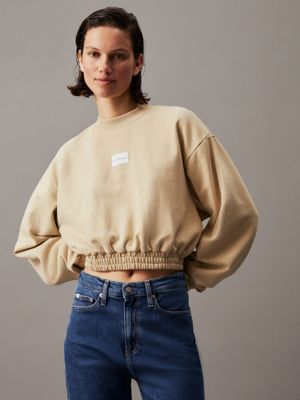 khaki cropped cotton terry sweatshirt for women calvin klein jeans