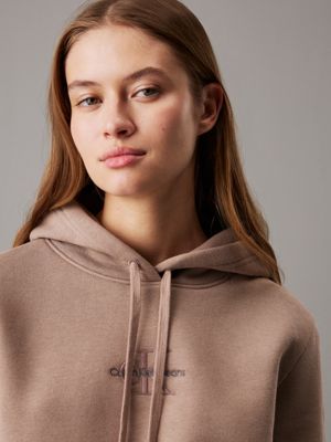 taupe gray fleece monogram hoodie for women calvin klein jeans