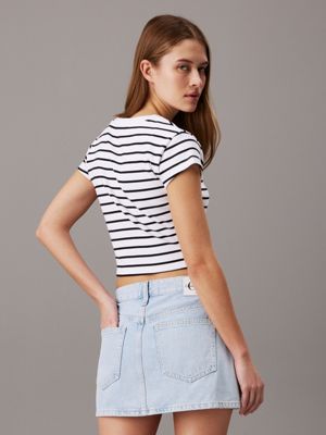 ck black / bright white striped slim ribbed cotton t-shirt for women calvin klein jeans