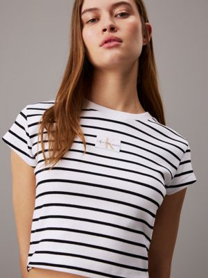 ck black / bright white striped slim ribbed cotton t-shirt for women calvin klein jeans