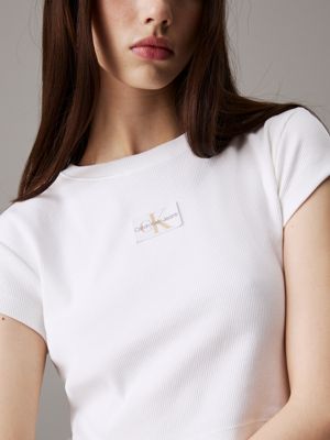 bright white slim ribbed cotton t-shirt for women calvin klein jeans