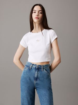 white slim ribbed cotton t-shirt for women calvin klein jeans