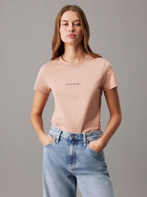 desaturated orange slim monogram t-shirt for women calvin klein jeans