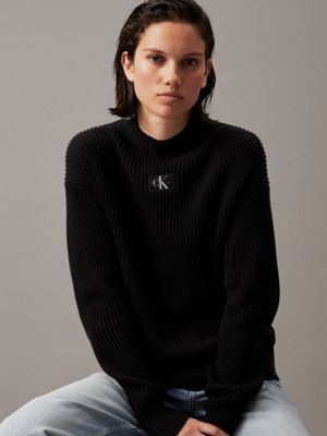 ck black relaxed ribbed cotton jumper for women calvin klein jeans