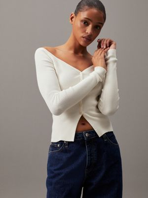 white slim ribbed cotton cardigan for women calvin klein jeans