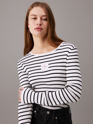 ck black / bright white striped slim ribbed lyocell jumper for women calvin klein jeans