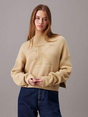 khaki ribbed cotton monogram jumper for women calvin klein jeans