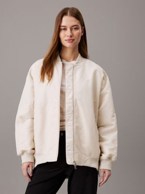 beige relaxed sateen bomber jacket for women calvin klein jeans