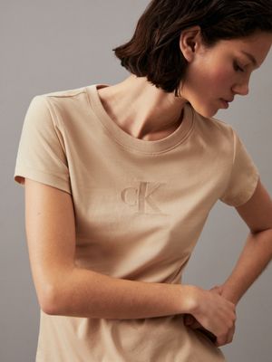 pale khaki slim burn out logo t-shirt for women calvin klein jeans