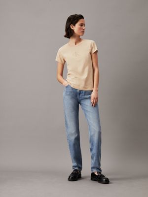 pale khaki slim burn out logo t-shirt for women calvin klein jeans