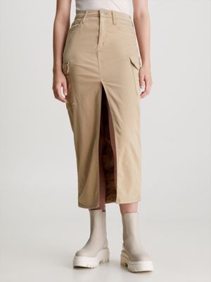 falda larga de sarga de algodón beige de mujeres calvin klein jeans