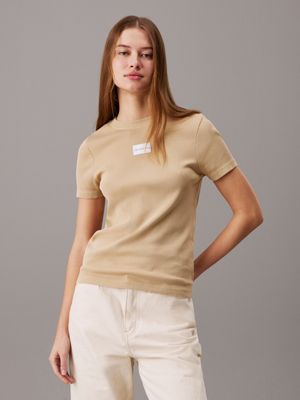 khaki slim washed cotton t-shirt for women calvin klein jeans