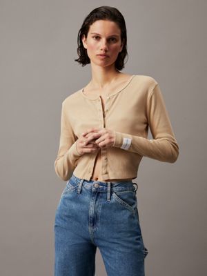 khaki slim washed cotton cardigan for women calvin klein jeans